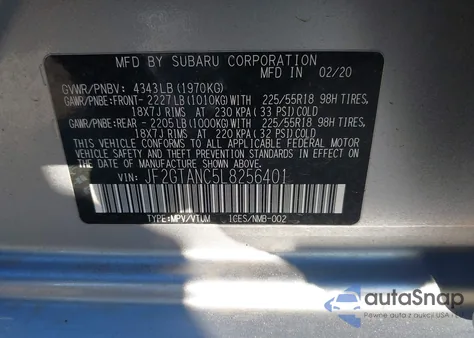 2020 Subaru Crosstrek Limited z USA, uszkodzony, nr VIN JF2GTANC5L8256401